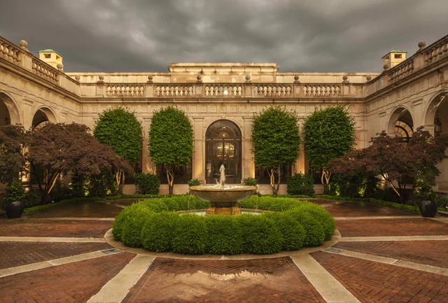 The Freer courtyard at the National Museum of Asian Art, with a fountain and garden.