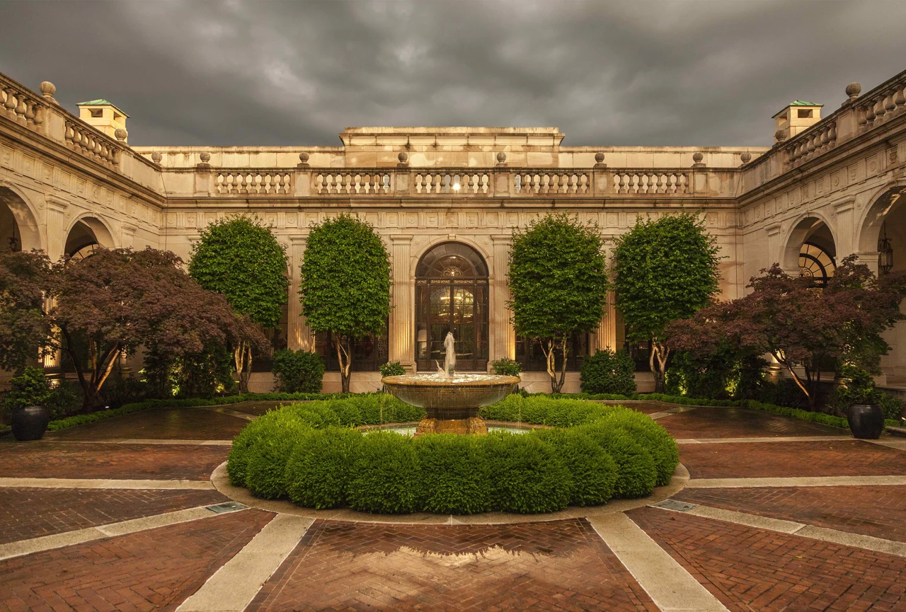 The Freer courtyard at the National Museum of Asian Art, with a fountain and garden.