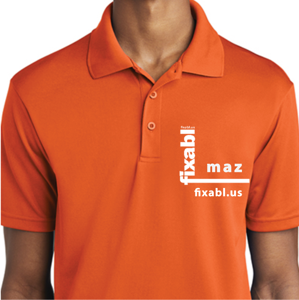 Orange polo garment mockup with white vertical FIXABL lettering