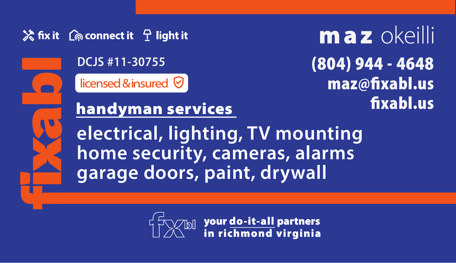 FIXABL business-card artwork with orange wordmark, service graphics and Maz Okeilli contact details on indigo