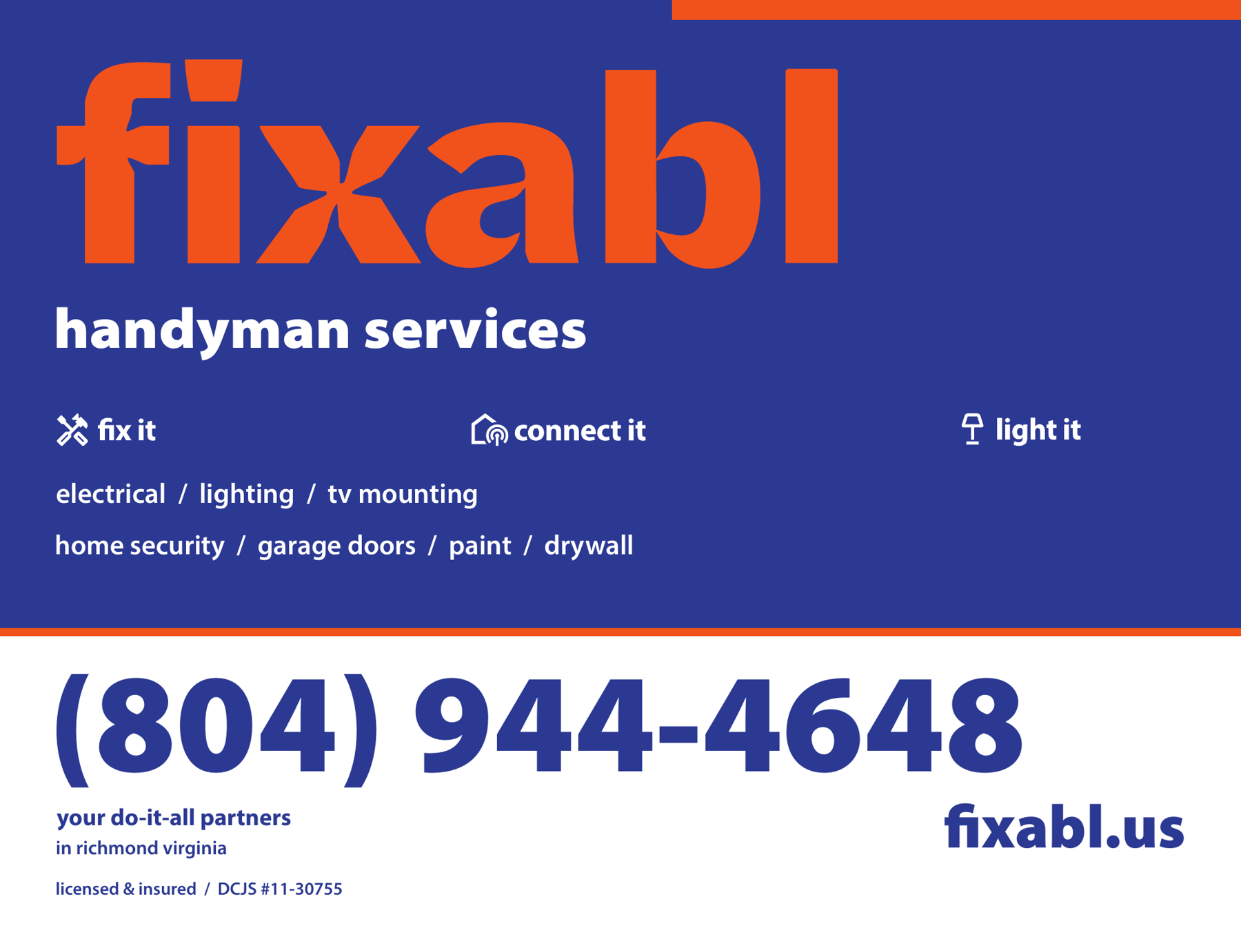 Prepared FIXABL side-magnet design with wordmark, service symbols and contact information