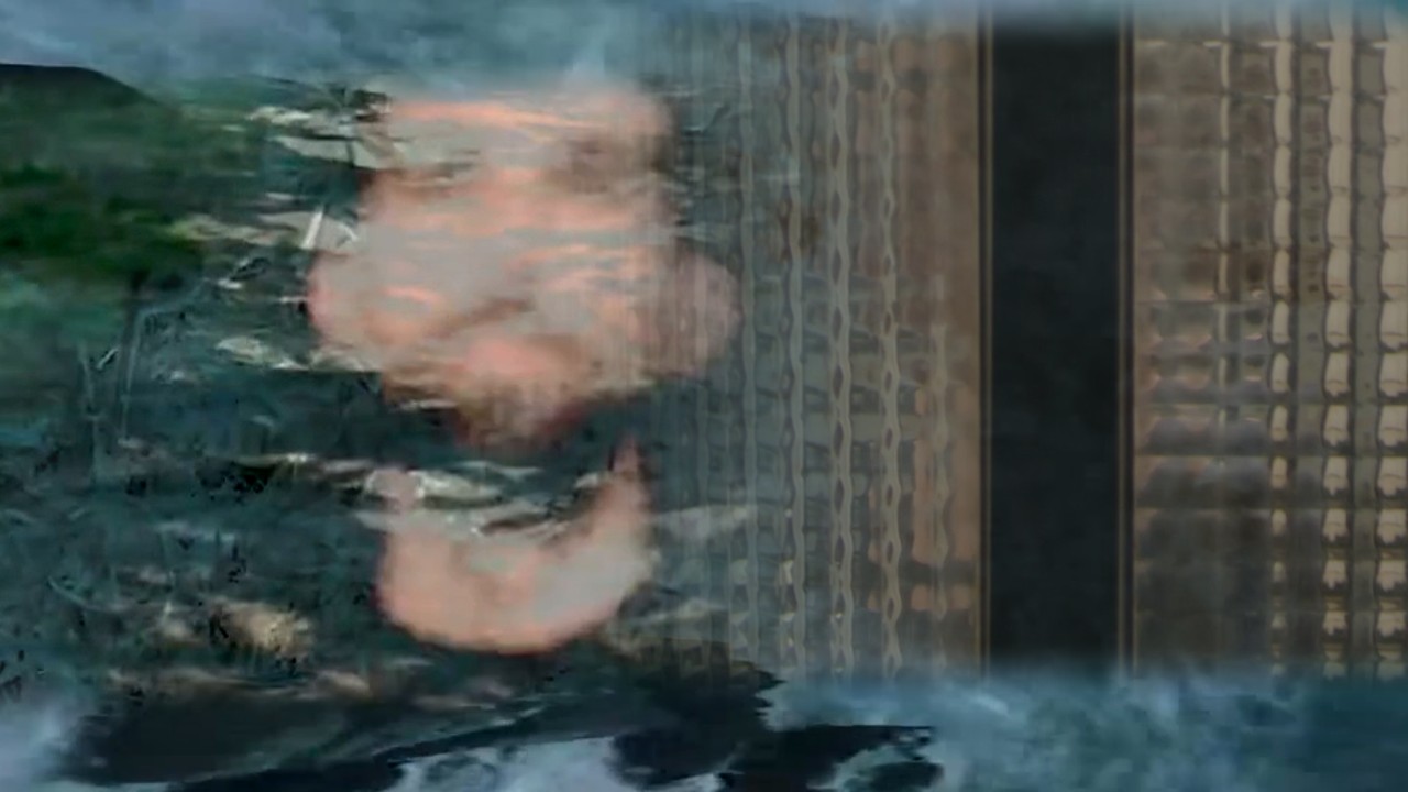 Salaam’s water, Interwoven’s projected portrait and Iridescence’s reflective surfaces, recomposed together
