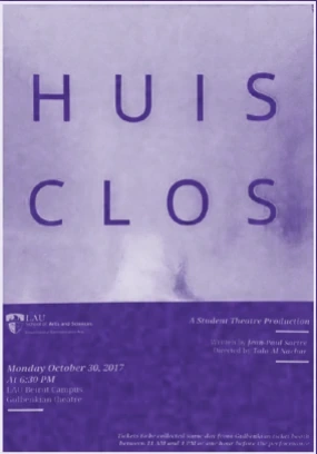 The original Huis Clos production poster, with widely spaced purple lettering above a pale abstract image.