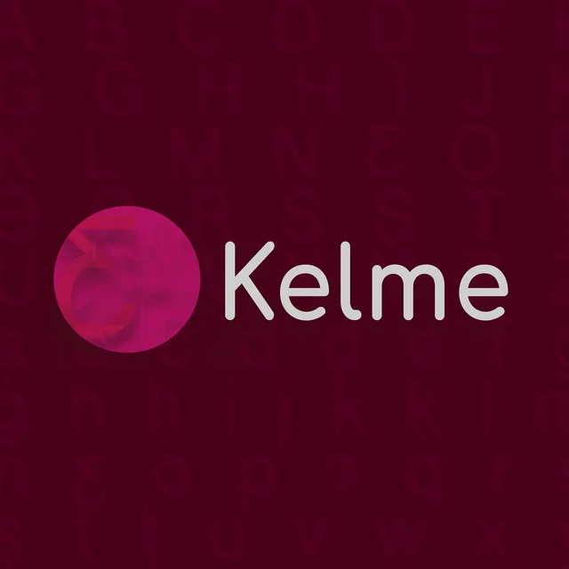 The Kelme wordmark over a burgundy field of Latin and Lebanese letterforms.