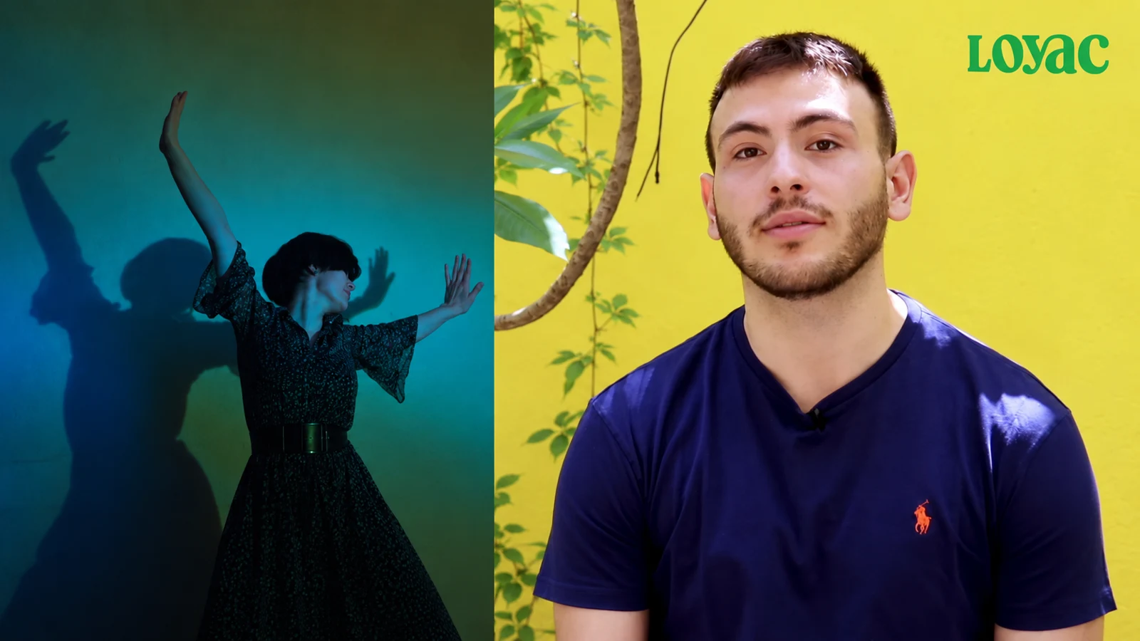 Editorial diptych of Alex El Dahdah’s yellow-background interview portrait and ActingLab performance imagery, with the LOYAC wordmark