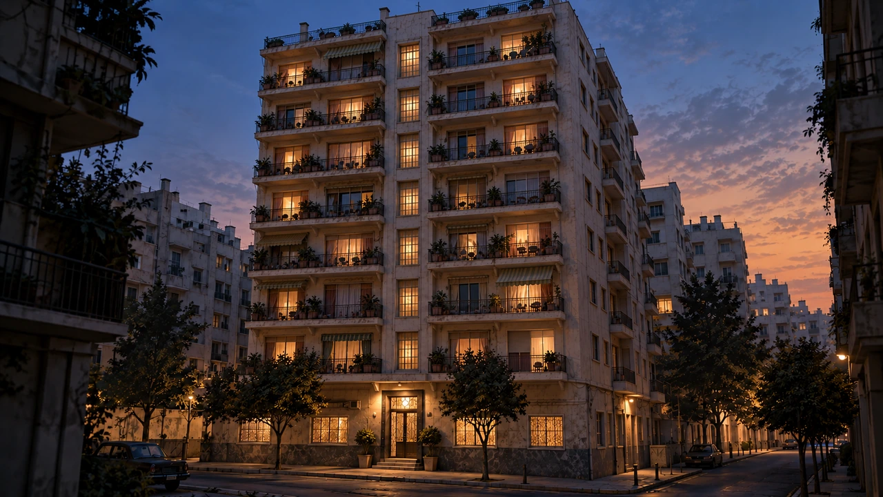An inhabited apartment building at dusk, with softly lit homes, stacked balconies and a shared entrance. · Wedeh Bou Jmil