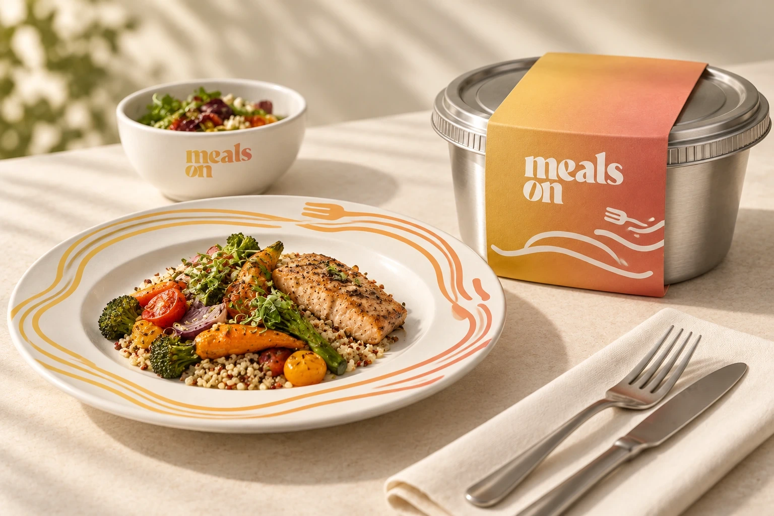 Plate, bowl and meal sleeve · AI-generated concept mockup
