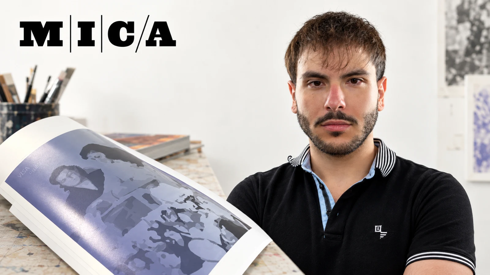 Editorial composition of Alex with prints from Perceiving Nationhood Passports and the MICA wordmark.