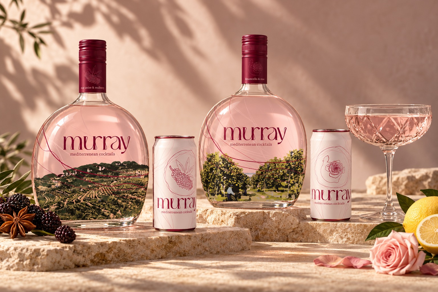 Two round Murray bottles and two botanical cans arranged with a coupe on warm stone, retaining the landscape-led packaging concept.