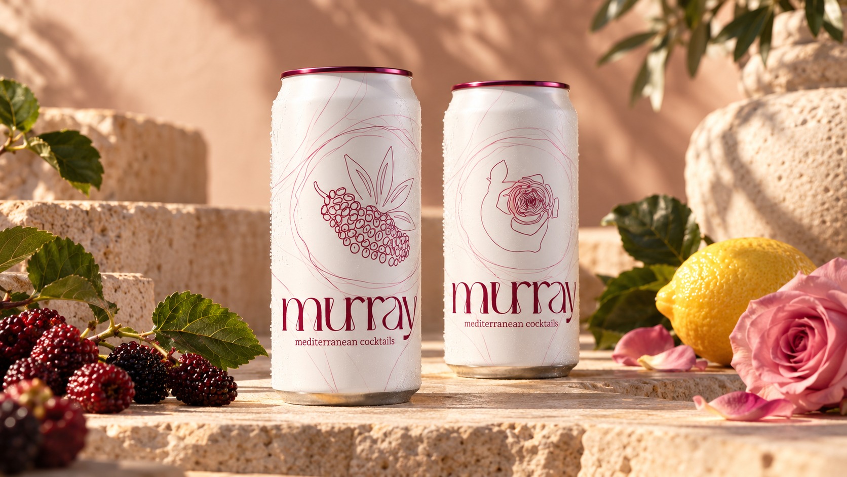 Two white Murray cans with burgundy botanical linework for anise and mulberry, and limoncello and rose.