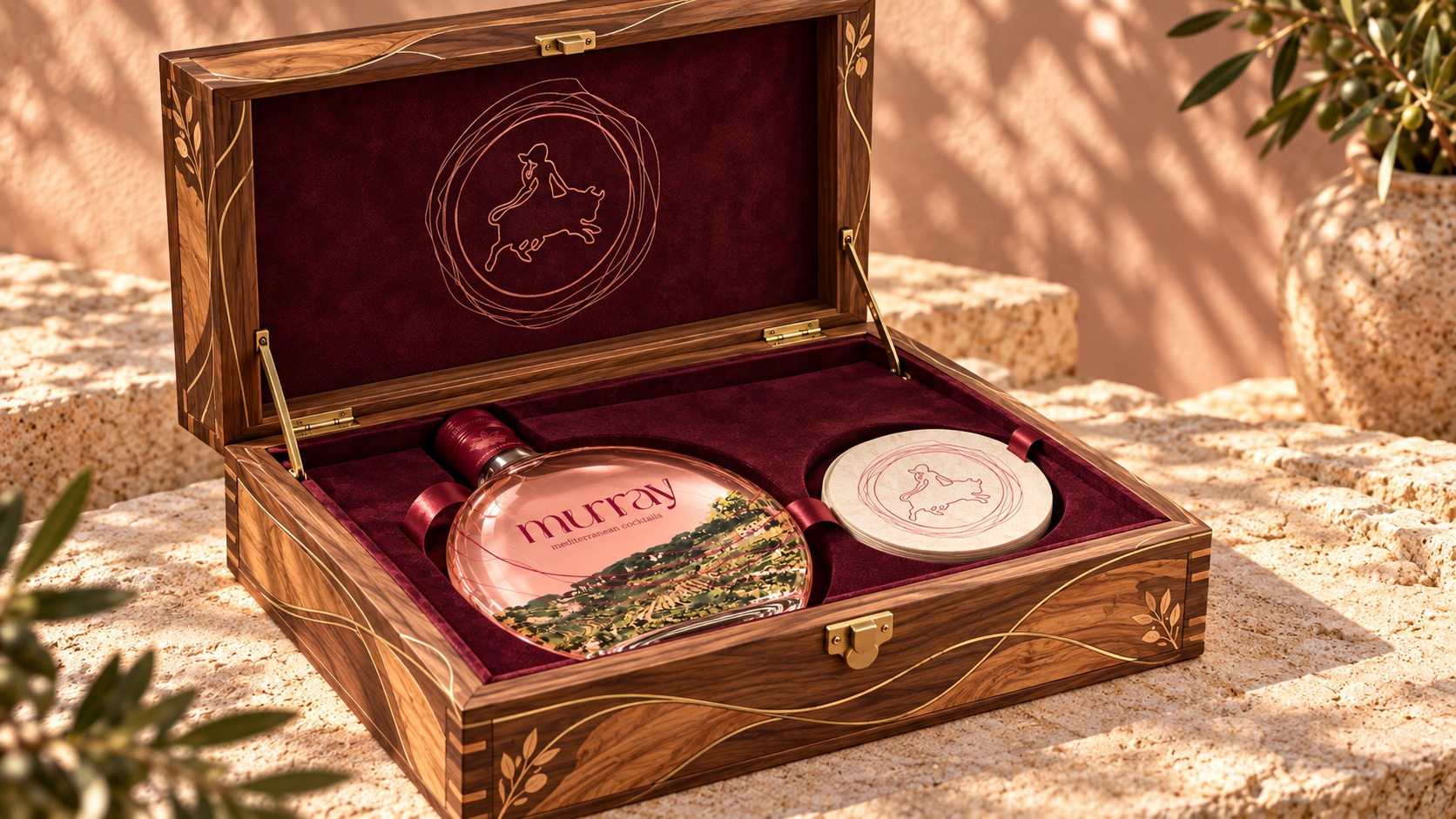 An open wooden Murray presentation box with intricate inlay, brass fittings, burgundy lining, lifting ribbons and fitted bottle and coaster compartments.