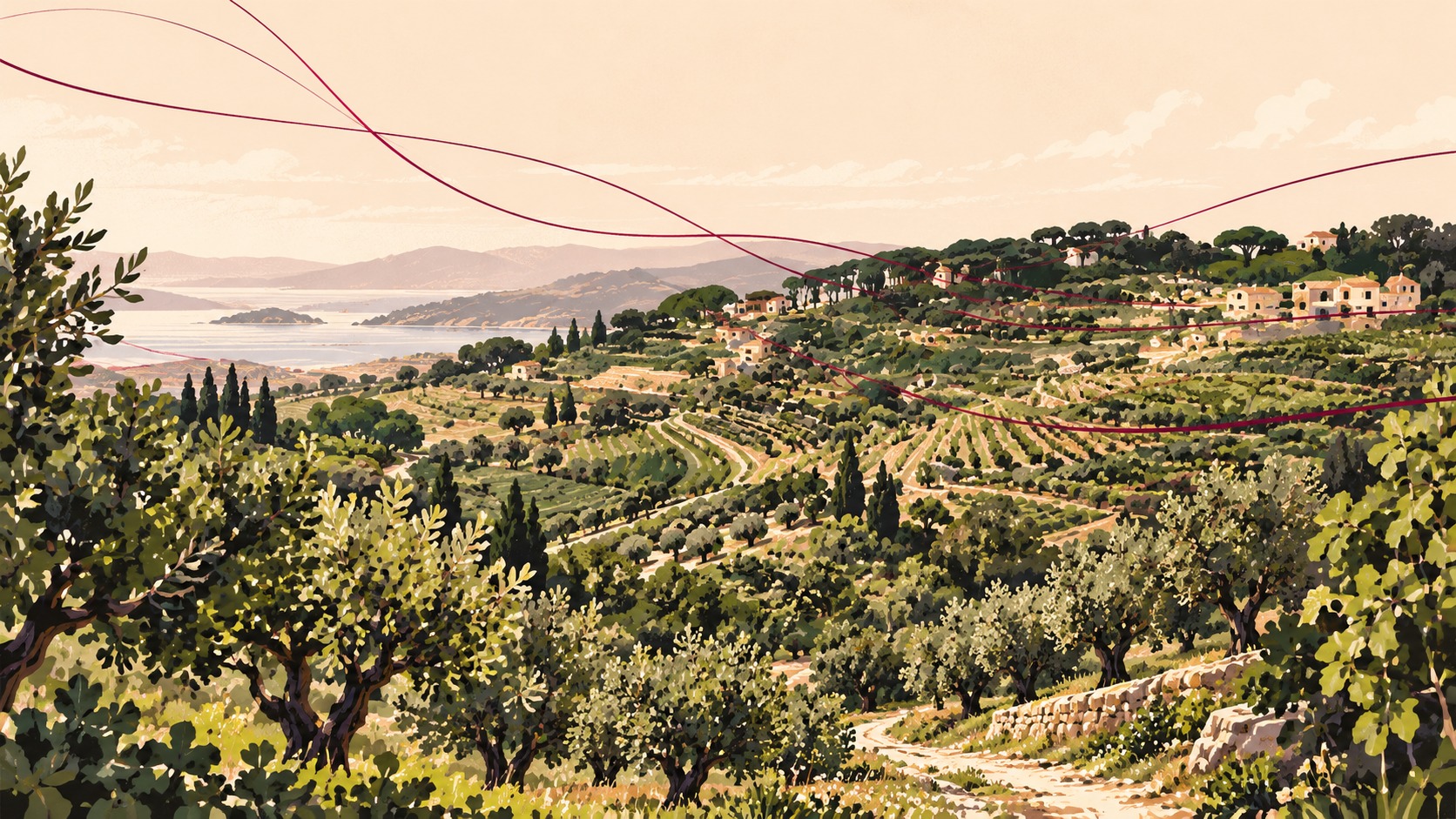 An imagined Mediterranean landscape of terraced hills, orchards, tree masses and winding paths, crossed by fine burgundy lines.