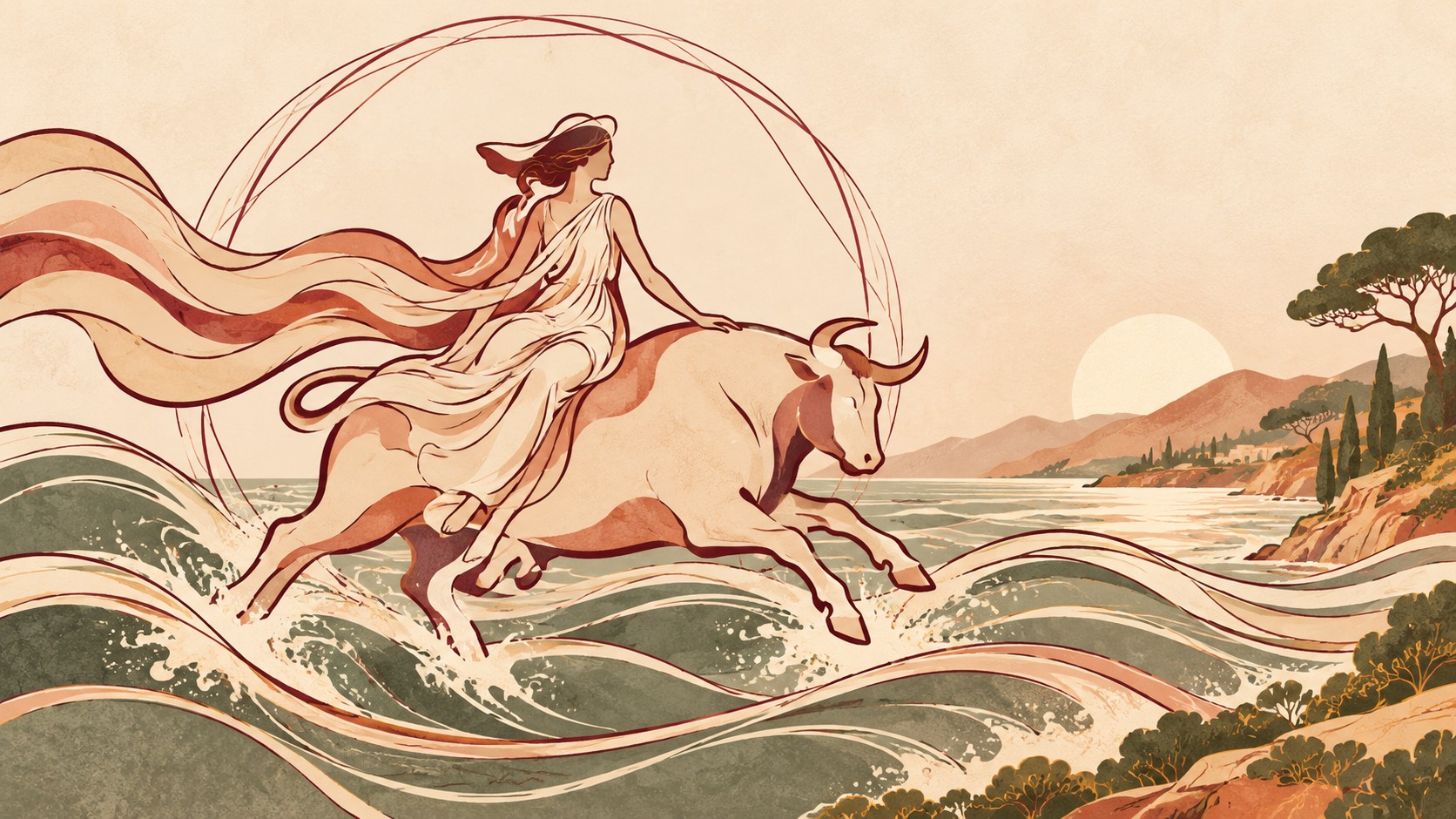 Europa riding a bull through stylized waves, surrounded by circular lines, drapery and a tree-lined shore.