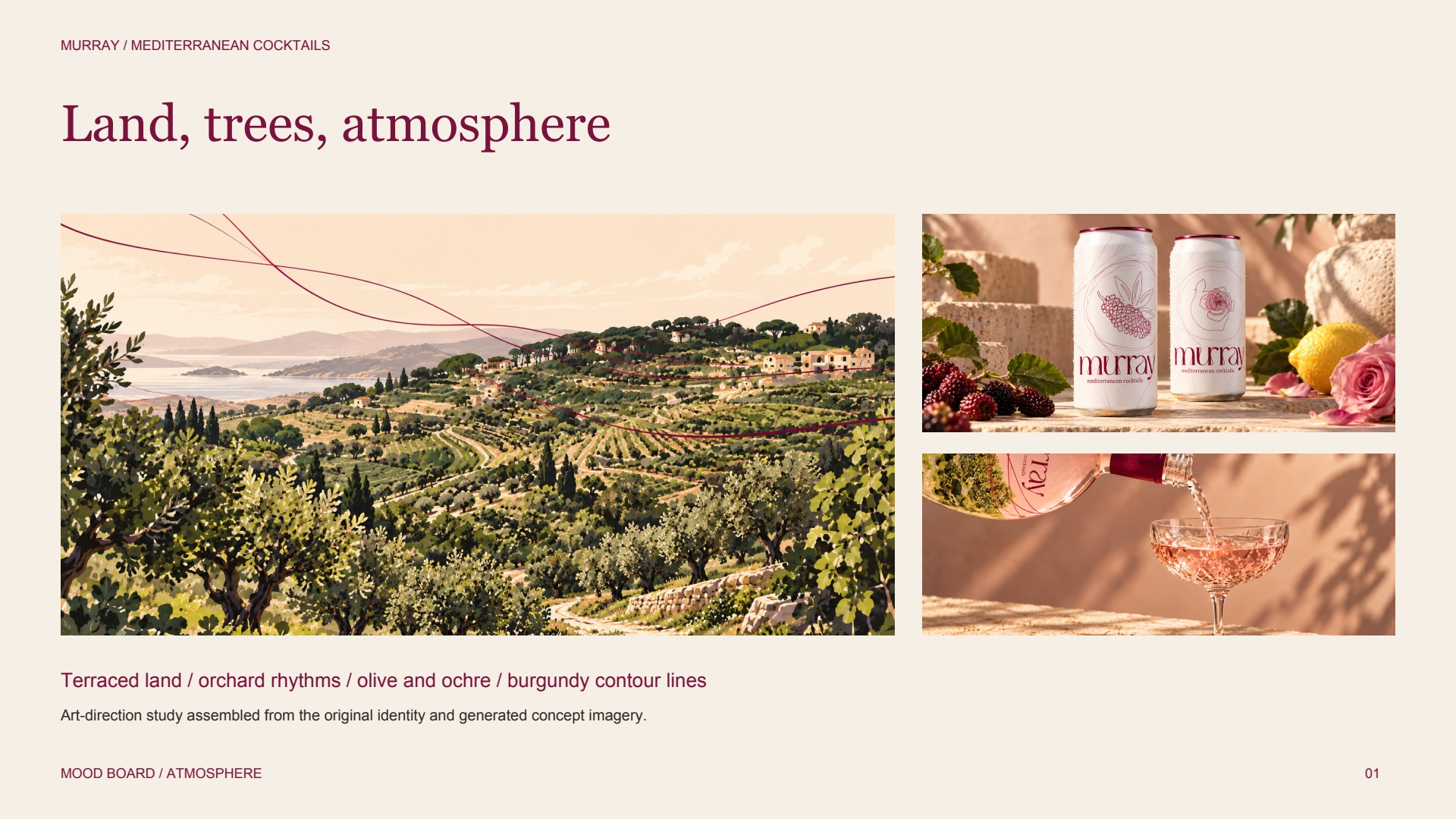 Moodboard combining terraced land and trees, botanical cans, and a cocktail serving scene.
