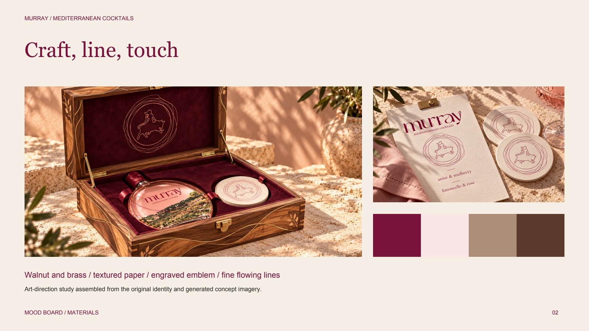 Moodboard combining the intricate wooden presentation box, menu and emblem coasters with the burgundy and neutral palette.