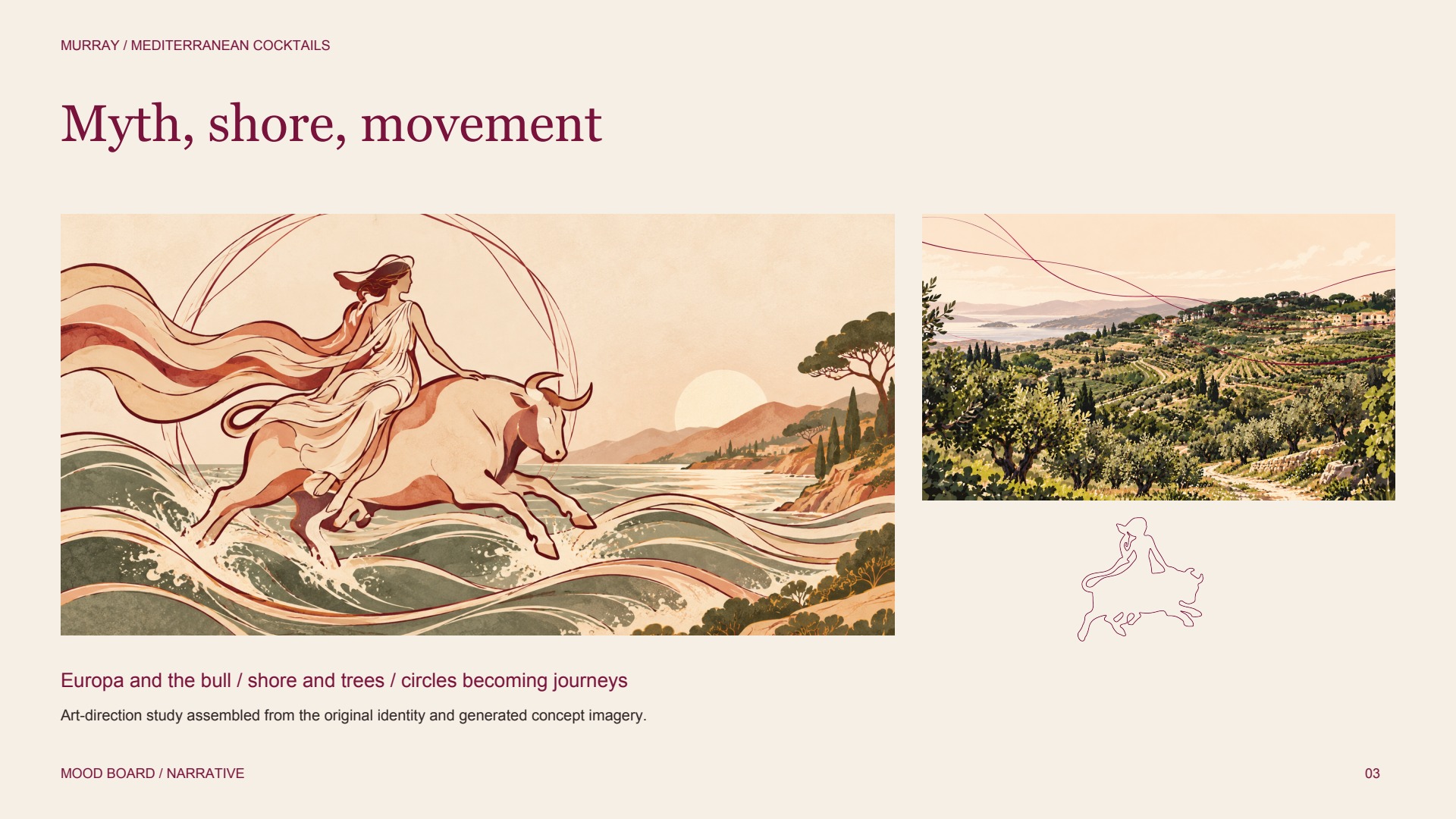 Moodboard pairing Europa and the bull, the imagined Mediterranean landscape and the original emblem.