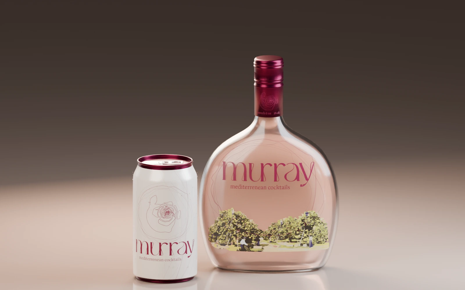 A cream Murray can with burgundy rims beside a round bottle, carrying the original wordmark, rose linework and landscape artwork.