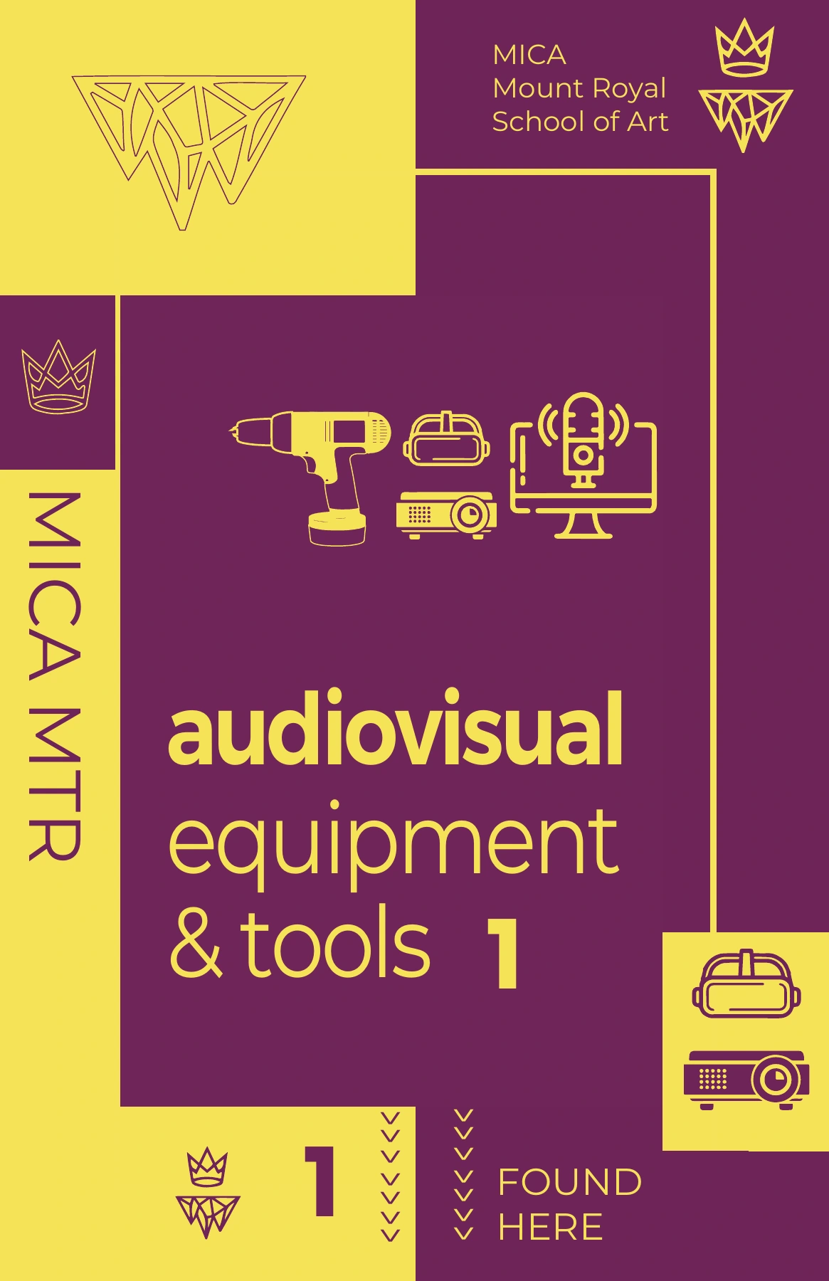A tall yellow and violet sign with equipment pictograms, a numbered cabinet label and directional chevrons.
