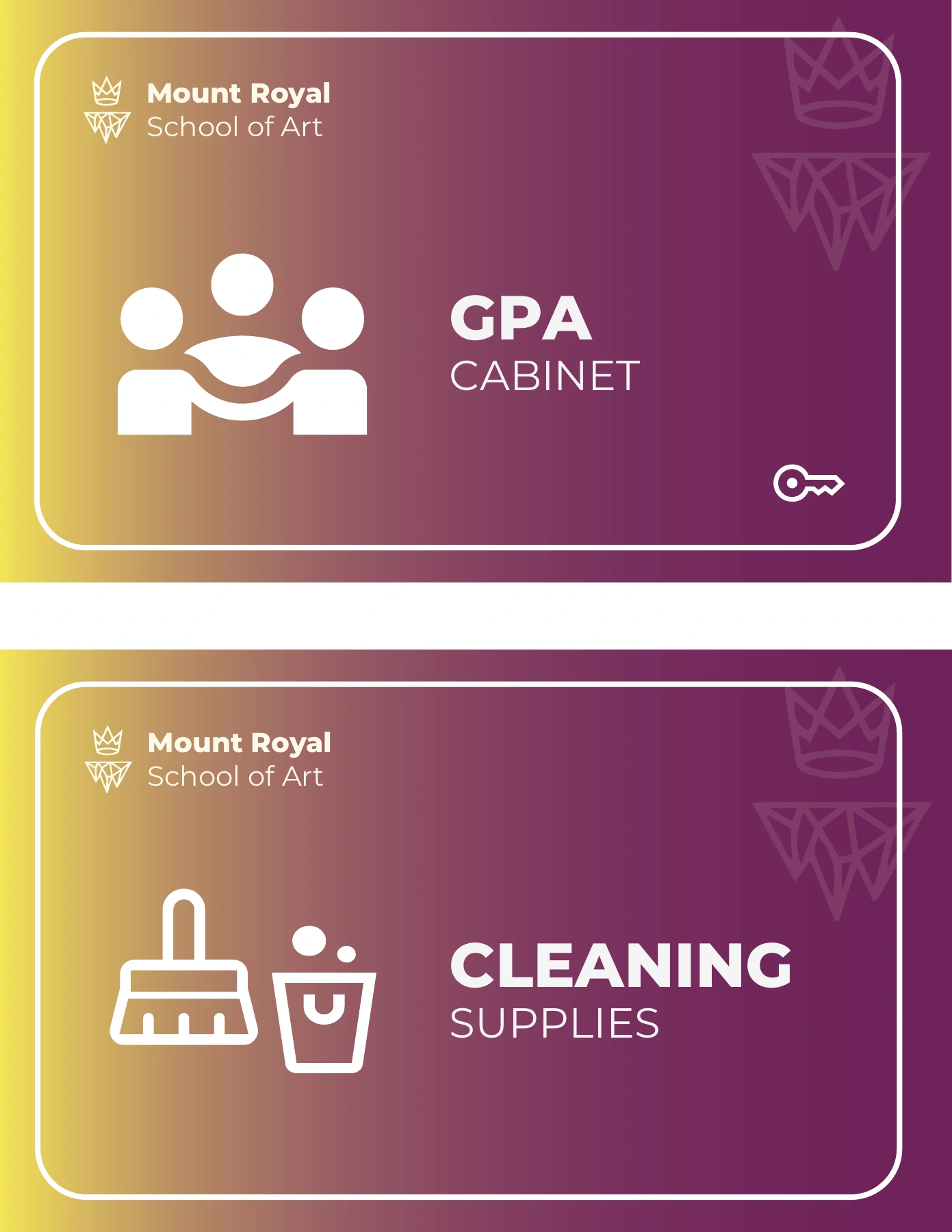 Labels identifying the GPA cabinet and cleaning supplies, including a key symbol on the cabinet sign.