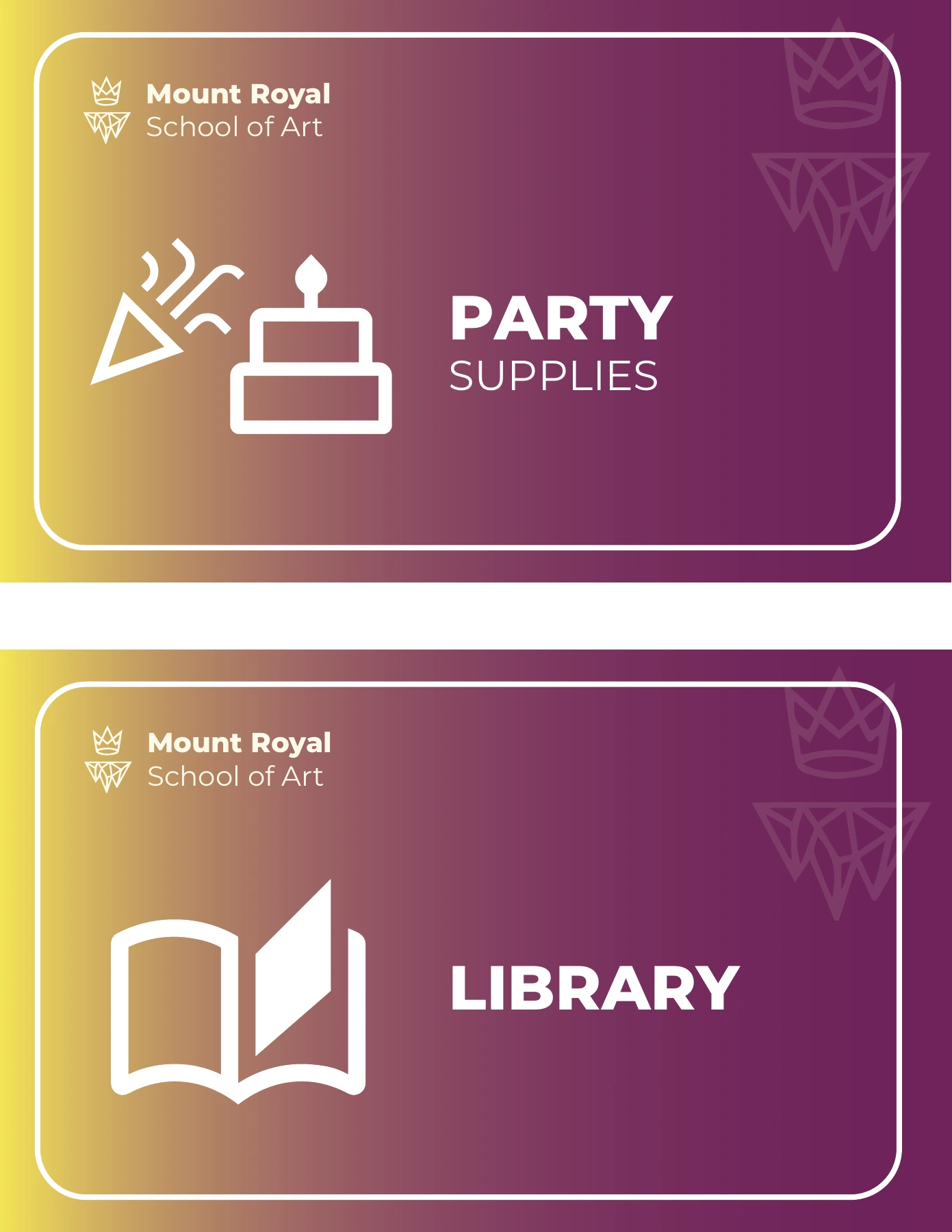 Two landscape signs for the library and party supplies, with white lettering and pictograms on a yellow-to-violet gradient.