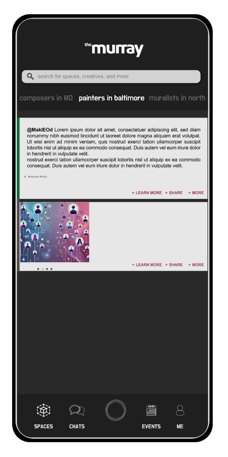 Unpublished mobile interface concept for The Murray, with search, creative spaces, conversations and events.