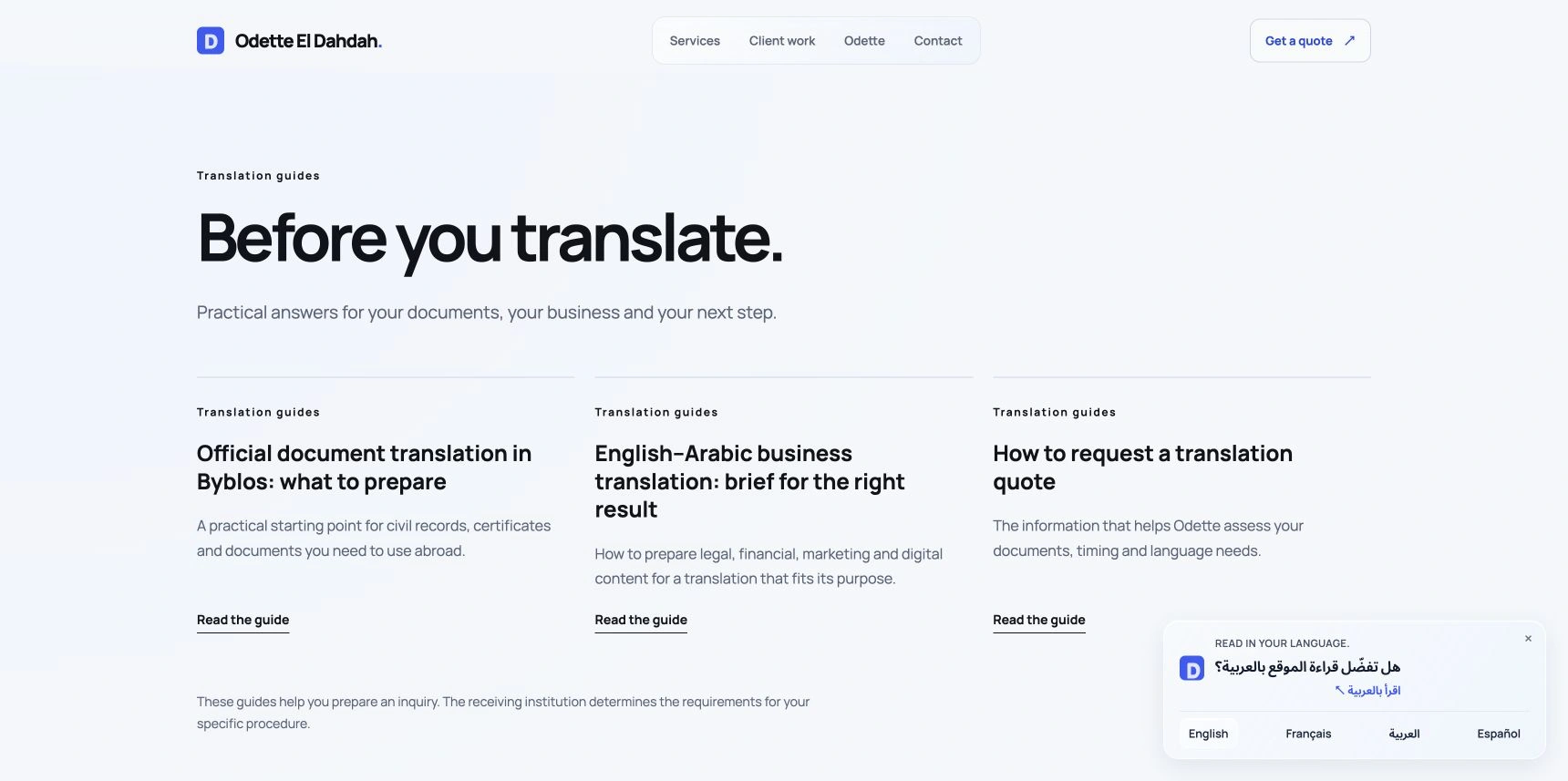 English translation-guides page on the completed Odette El Dahdah website