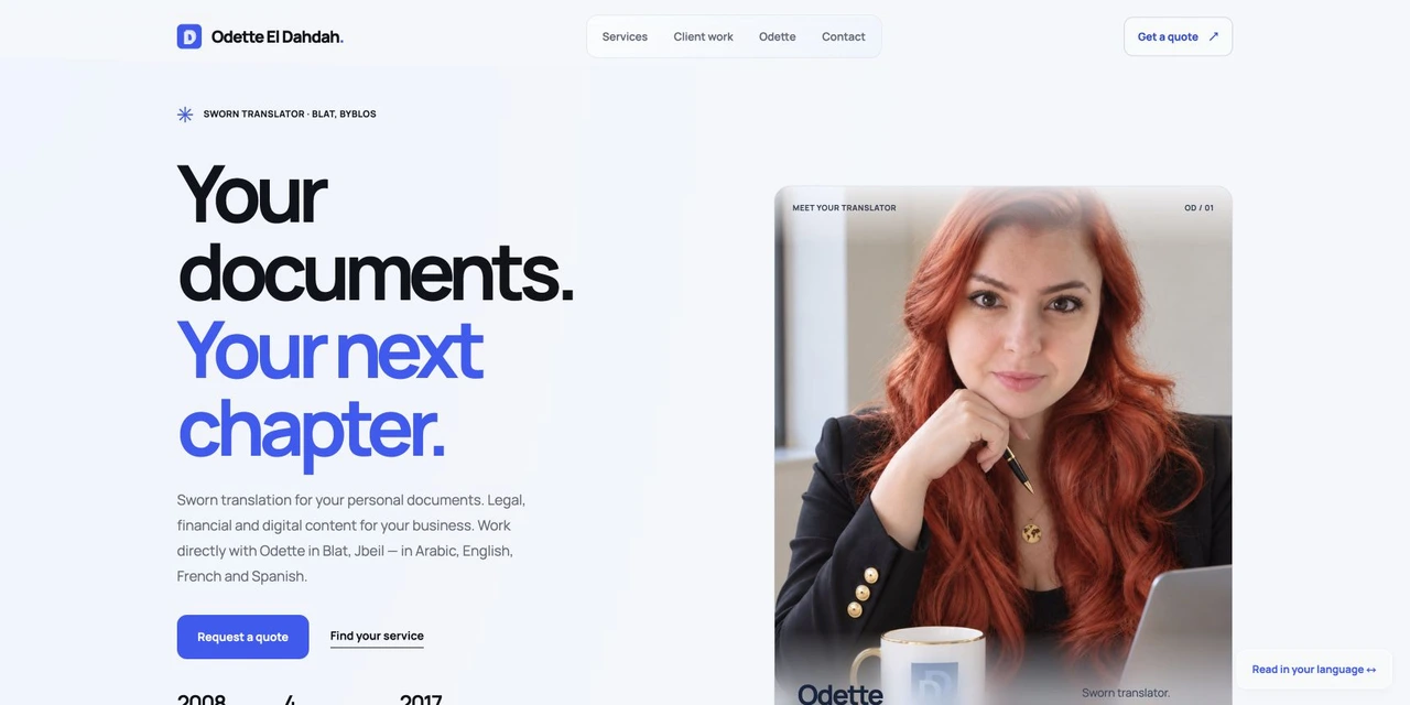 English homepage of the completed Odette El Dahdah website, captured October 7, 2026. · Odette El Dahdah