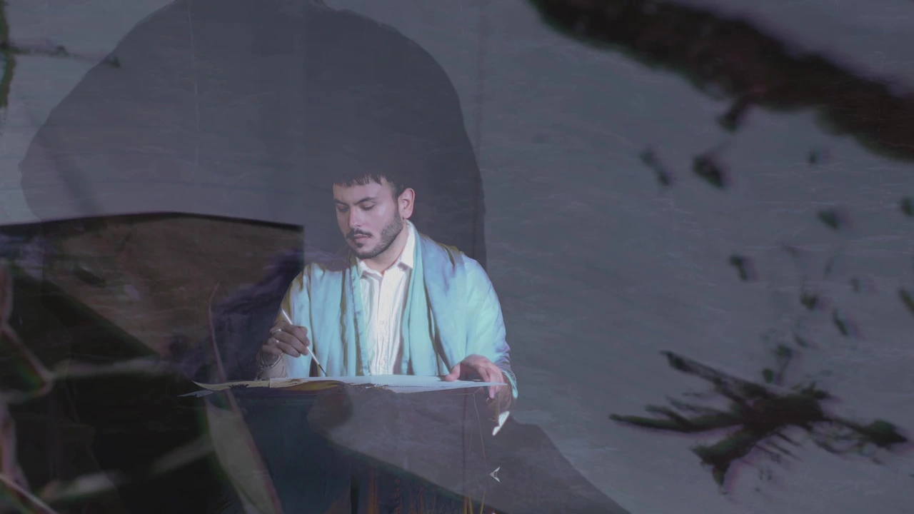 Alex working at a desk amid layered drawing and landscape imagery · passing the torch; already deceived?