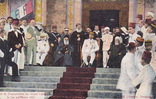 A historical image of officials and religious leaders assembled on the steps of the Pine Residence.