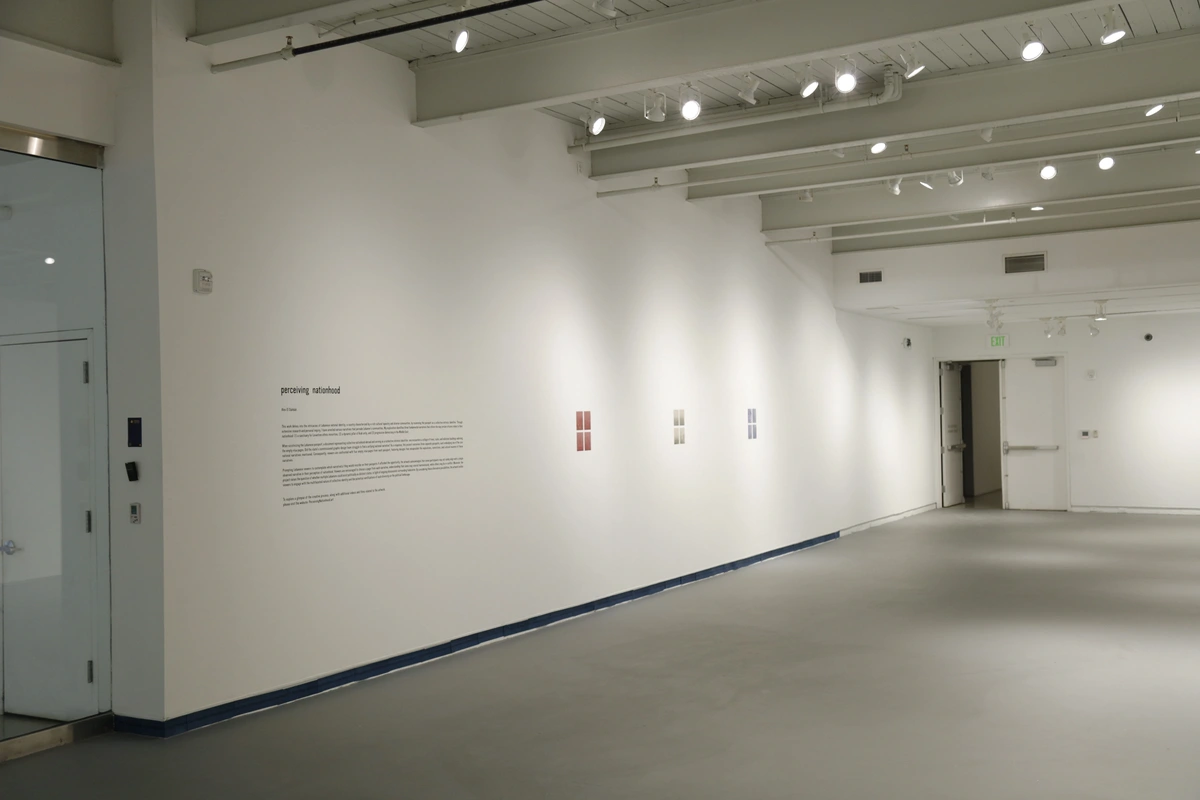 Installation showing the passport prints and continuous blue text band at floor level