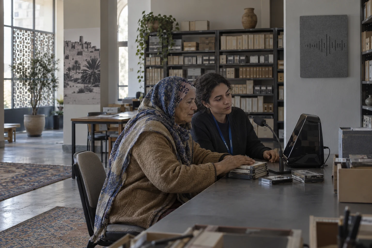 An older language custodian and an archivist sit beside recorded cassettes and a voice verification terminal.