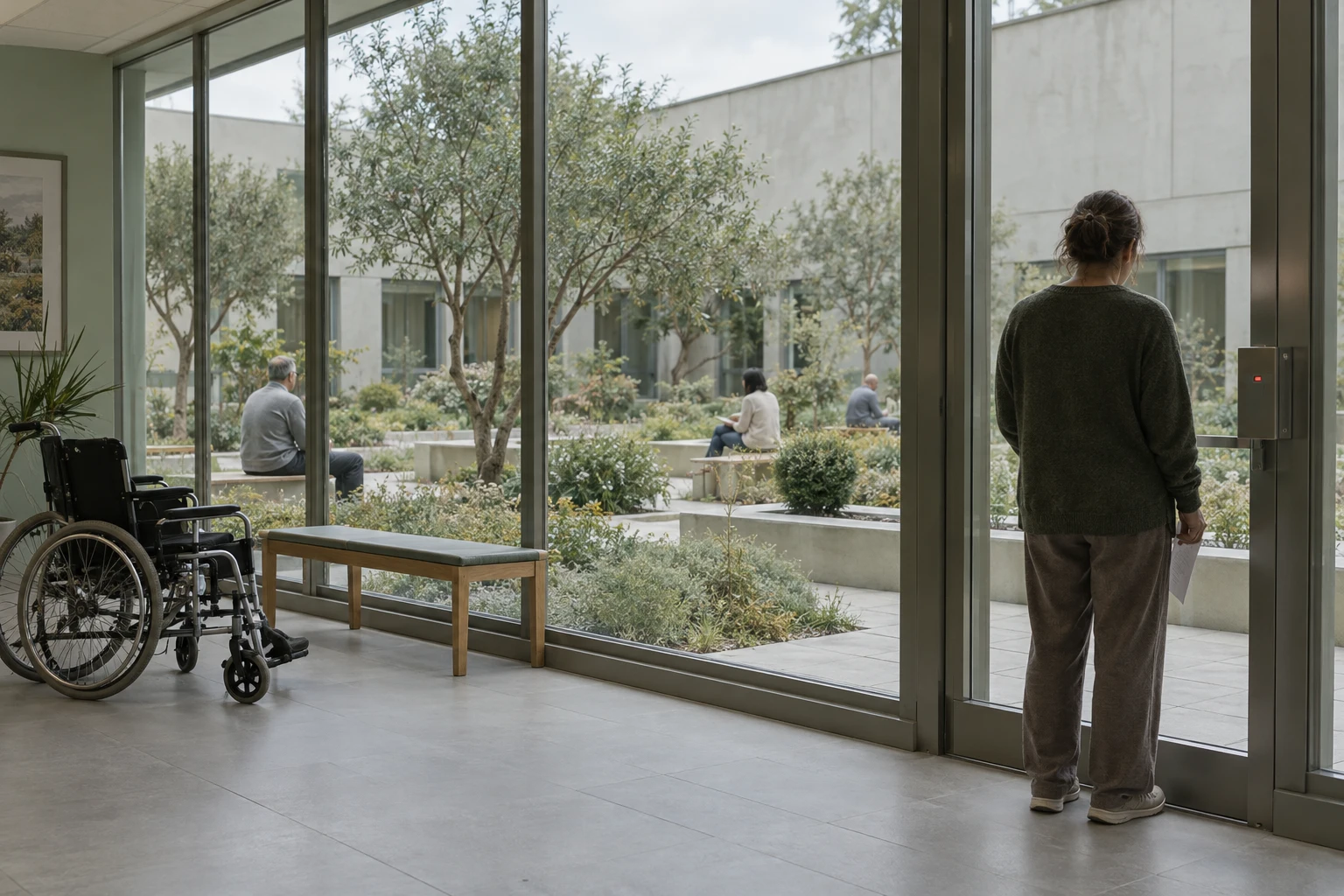 A resident waits beside a glass exit in a planted care atrium; a red access indicator remains lit.