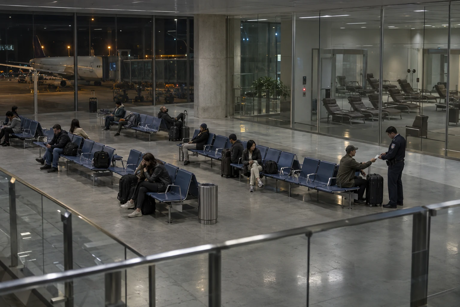 Meridia travellers wait on divided metal seats beside an empty locked reclining lounge.