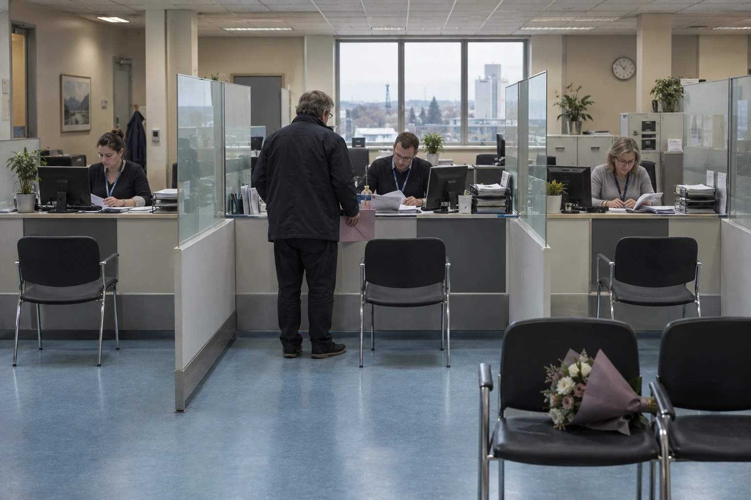 A bereaved visitor carries documents between separate succession desks in Parallax.