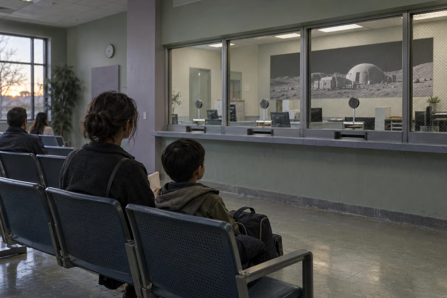 A parent and child wait at separate lunar admission counters in an Earth-based office.