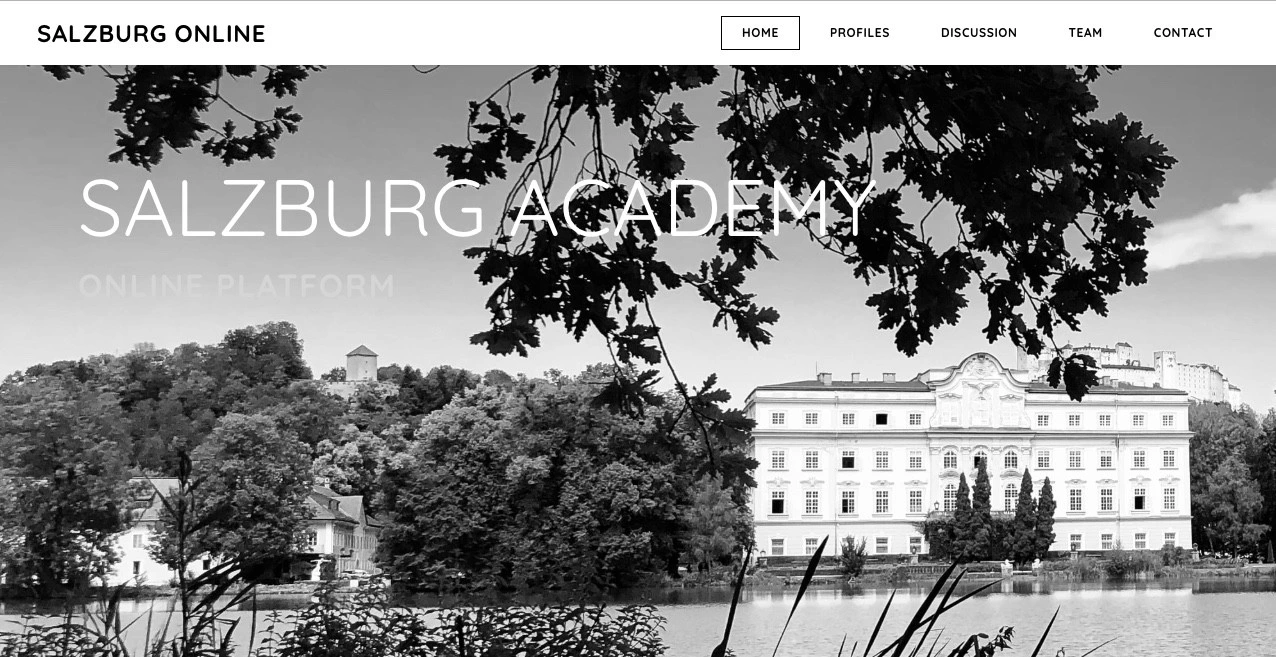 The Salzburg Online interface concept, with its navigation above a black-and-white lakeside architectural photograph. · Salzburg Online