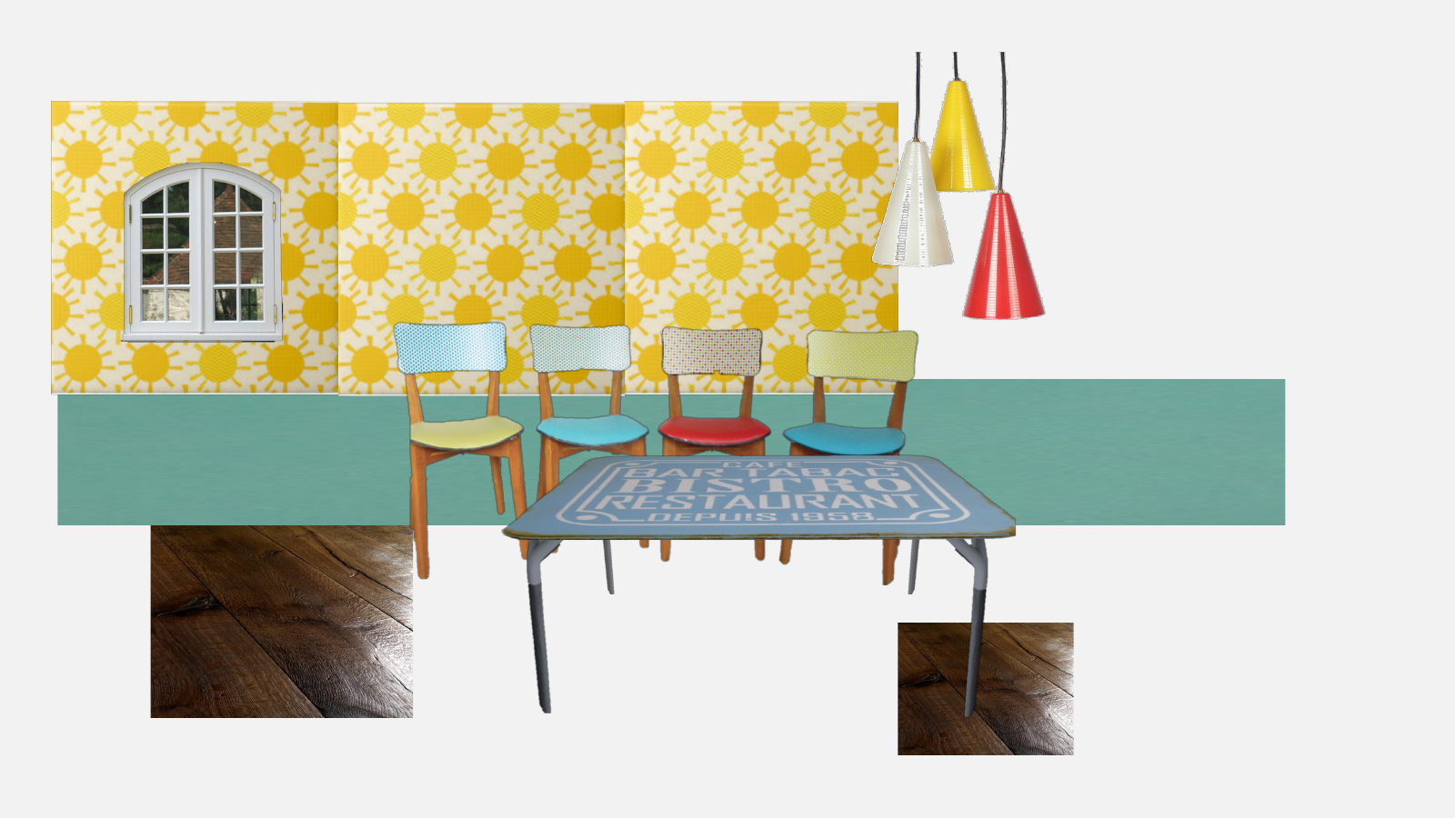 An interior concept collage with yellow patterned wallpaper, mixed-colour chairs, a blue café table and three pendant lights.