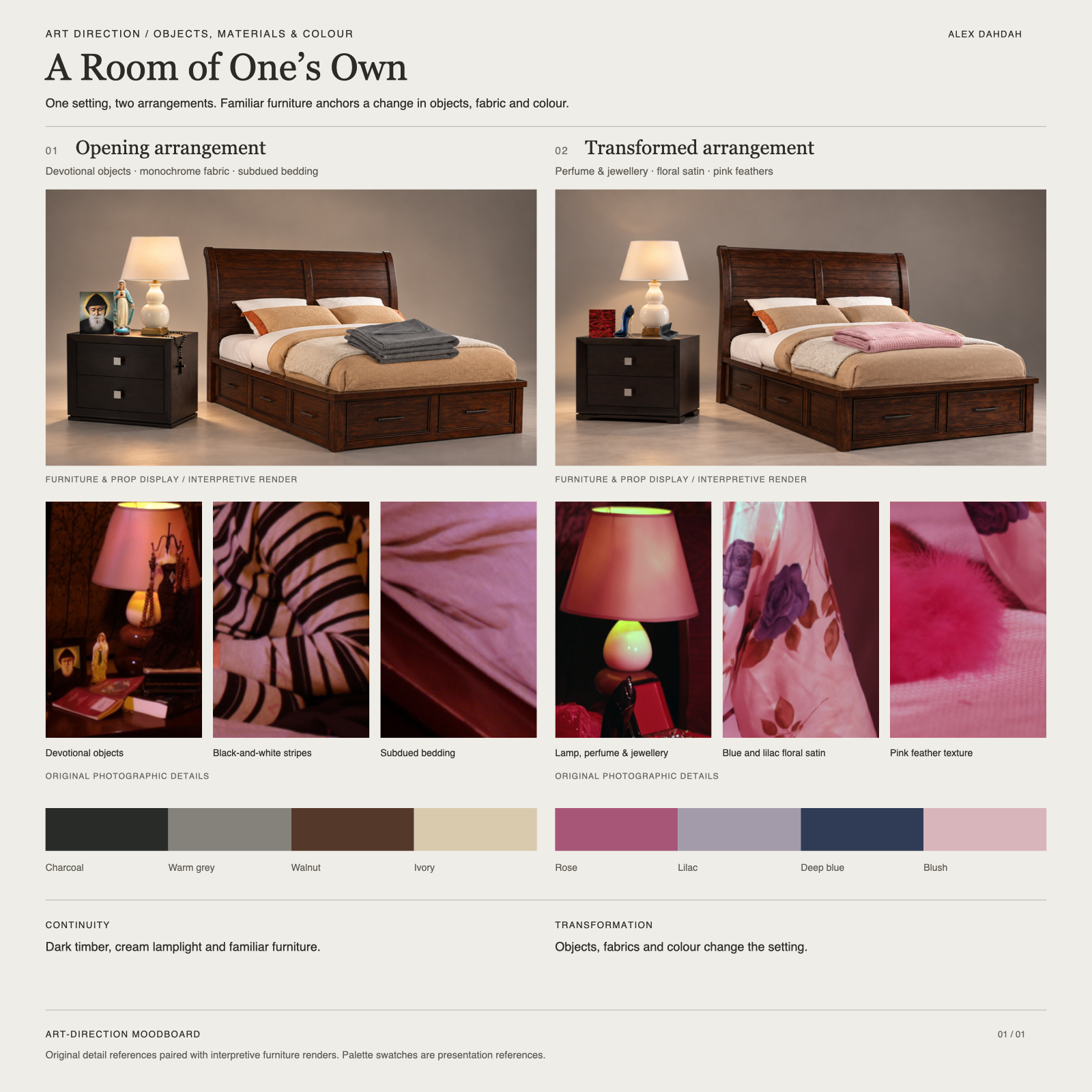 An art-direction board compares two arrangements through furniture renders, six original detail photographs, materials and colour palettes.