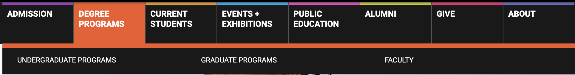 Earlier SFAI Degree Programs menu leading to Undergraduate Programs, Graduate Programs and Faculty.