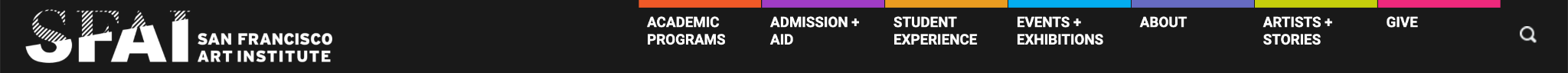 Refreshed SFAI navigation: Academic Programs, Admission + Aid, Student Experience, Events + Exhibitions, About, Artists + Stories, Give.