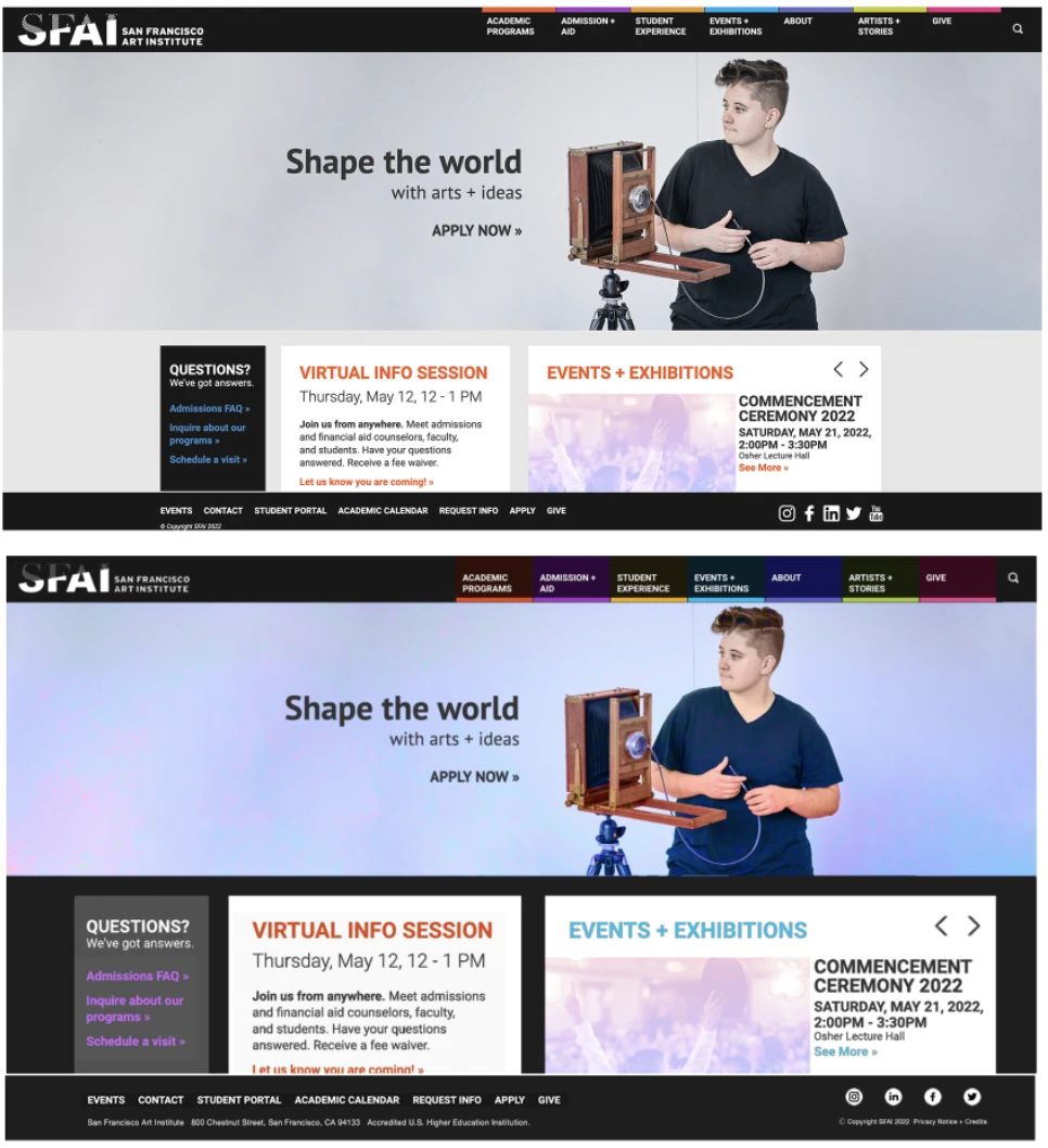 Two original studies of the refreshed homepage, with Academic Programs followed by Admission + Aid · SFAI