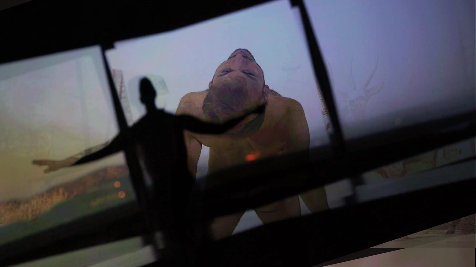Species (espèce): the projected body and animal imagery behind a dark window structure.