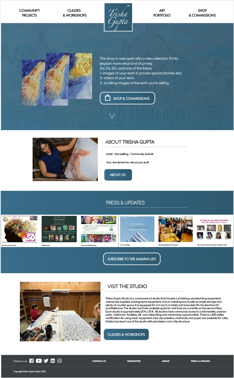 Unrealized strategy proposal for Trisha Gupta Studio, with a blue homepage, artist introduction, press feed and studio section; not the final website design.