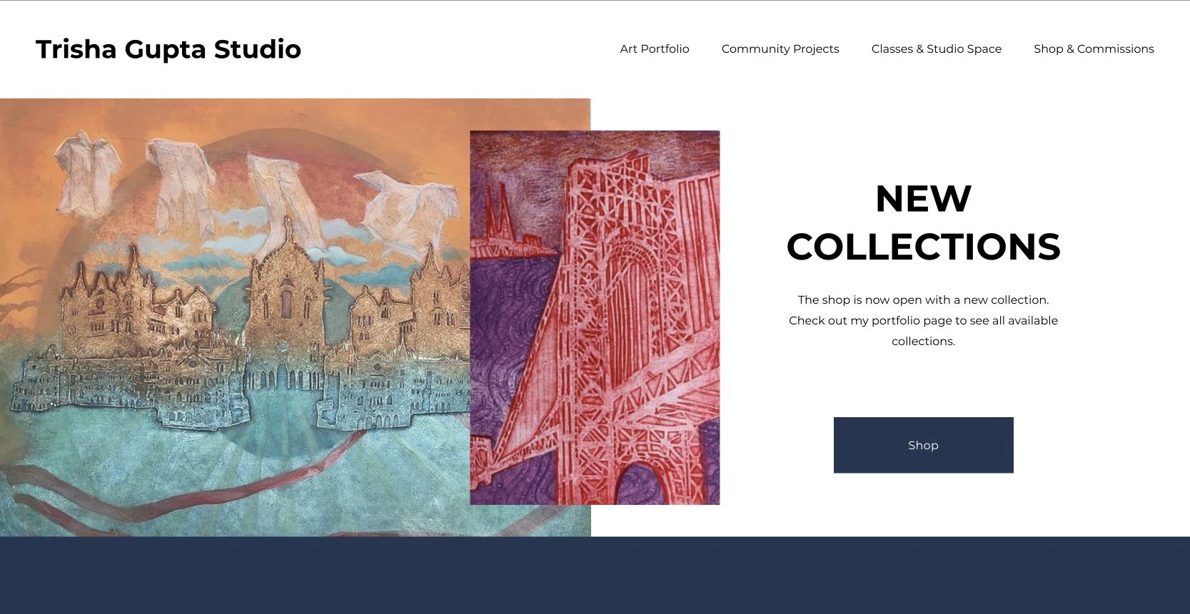 Trisha Gupta Studio’s actual website after the navigation refinements, preserved January 29, 2024; artworks shown are by Trisha Gupta