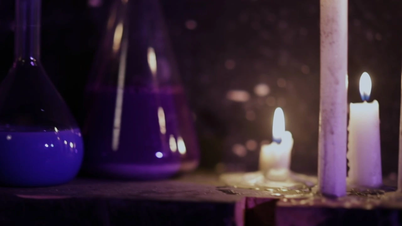 Purple glass vessels and burning candles arranged in an interior set.