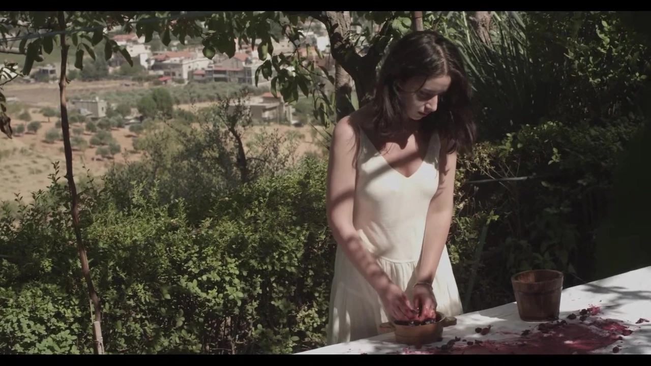 Lama in a white dress at an outdoor table, with red-stained hands and cloth, in Telwin. · Telwin
