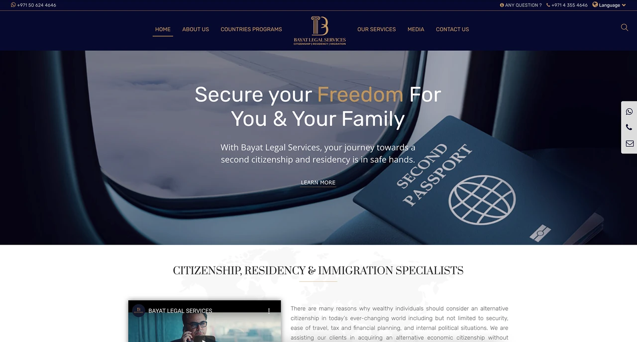 Bayat website homepage, with a centered identity, expanded navigation and a video introduction.