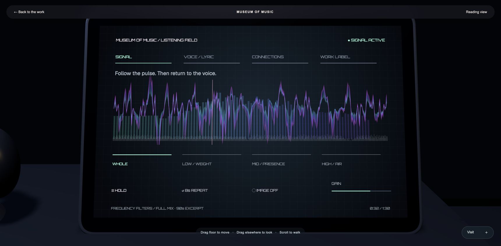Physical listening tablet with live waveform and music controls